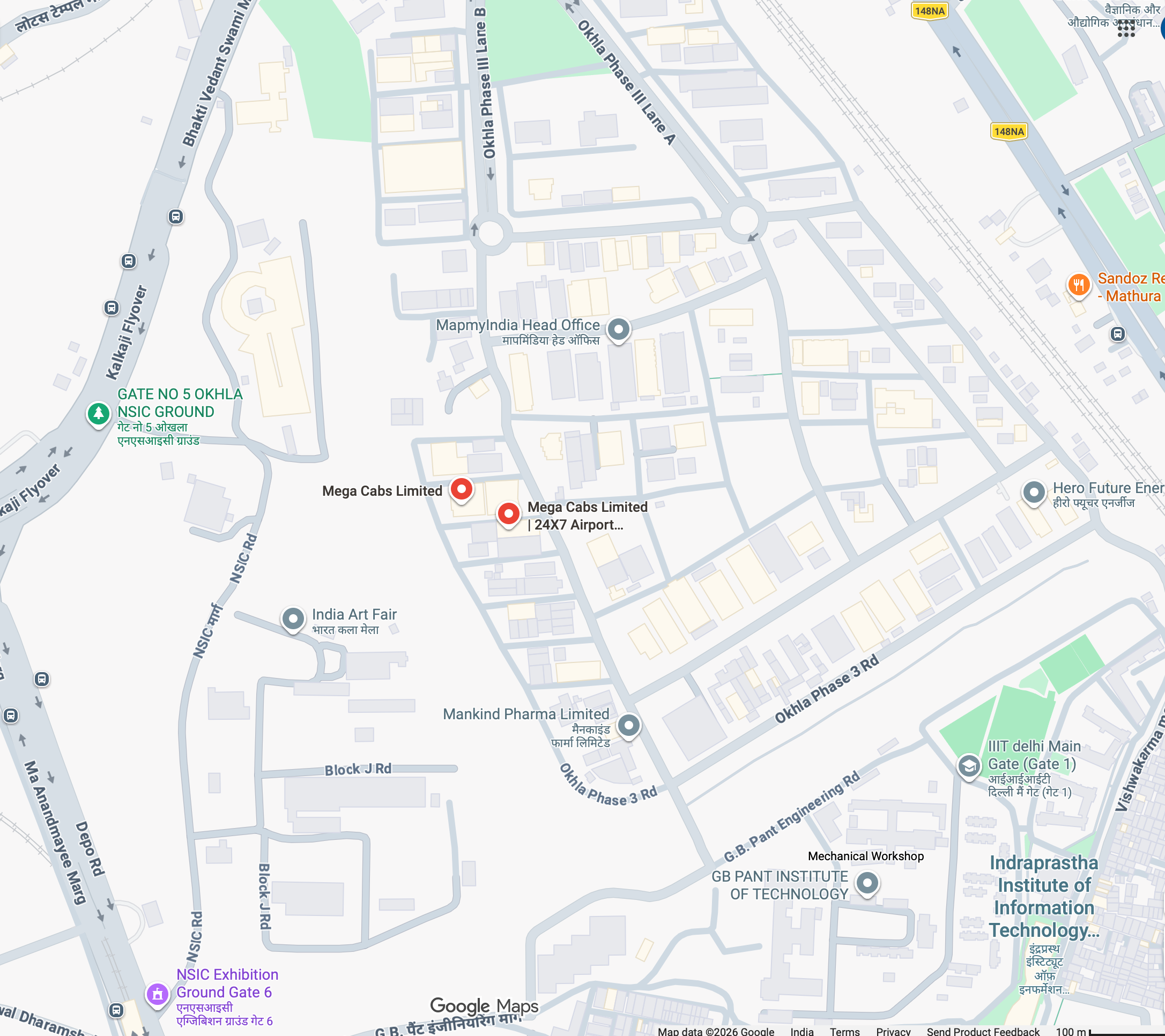 MegaCabs office location map — Okhla Industrial Estate, New Delhi