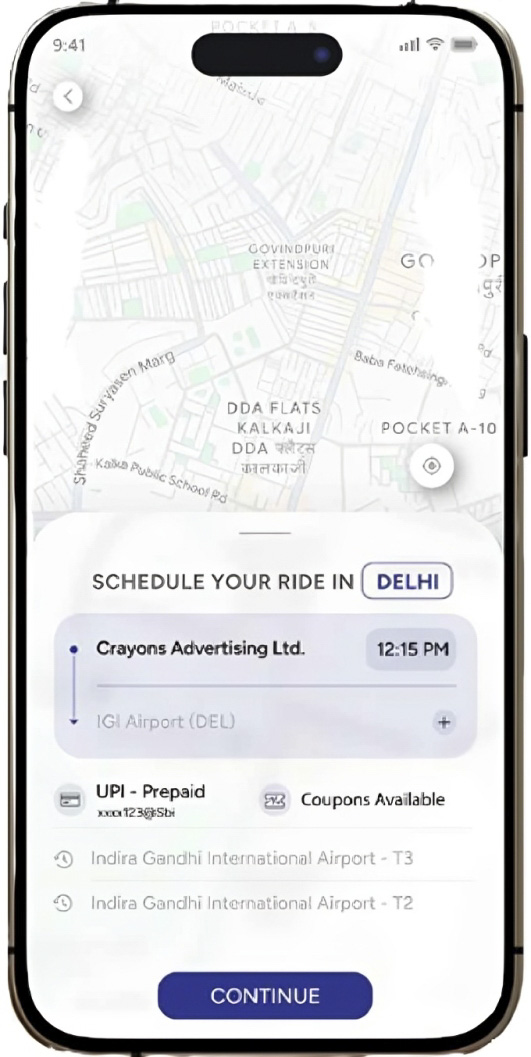 MegaCabs App Booking Screen Mockup